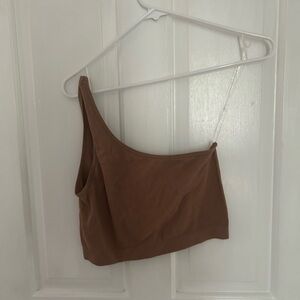 one strap brown crop tank